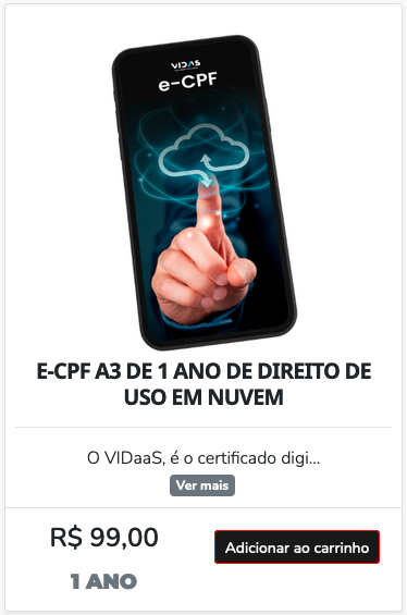 e-CPF A3 de 1 ano de direito de uso em nuvem